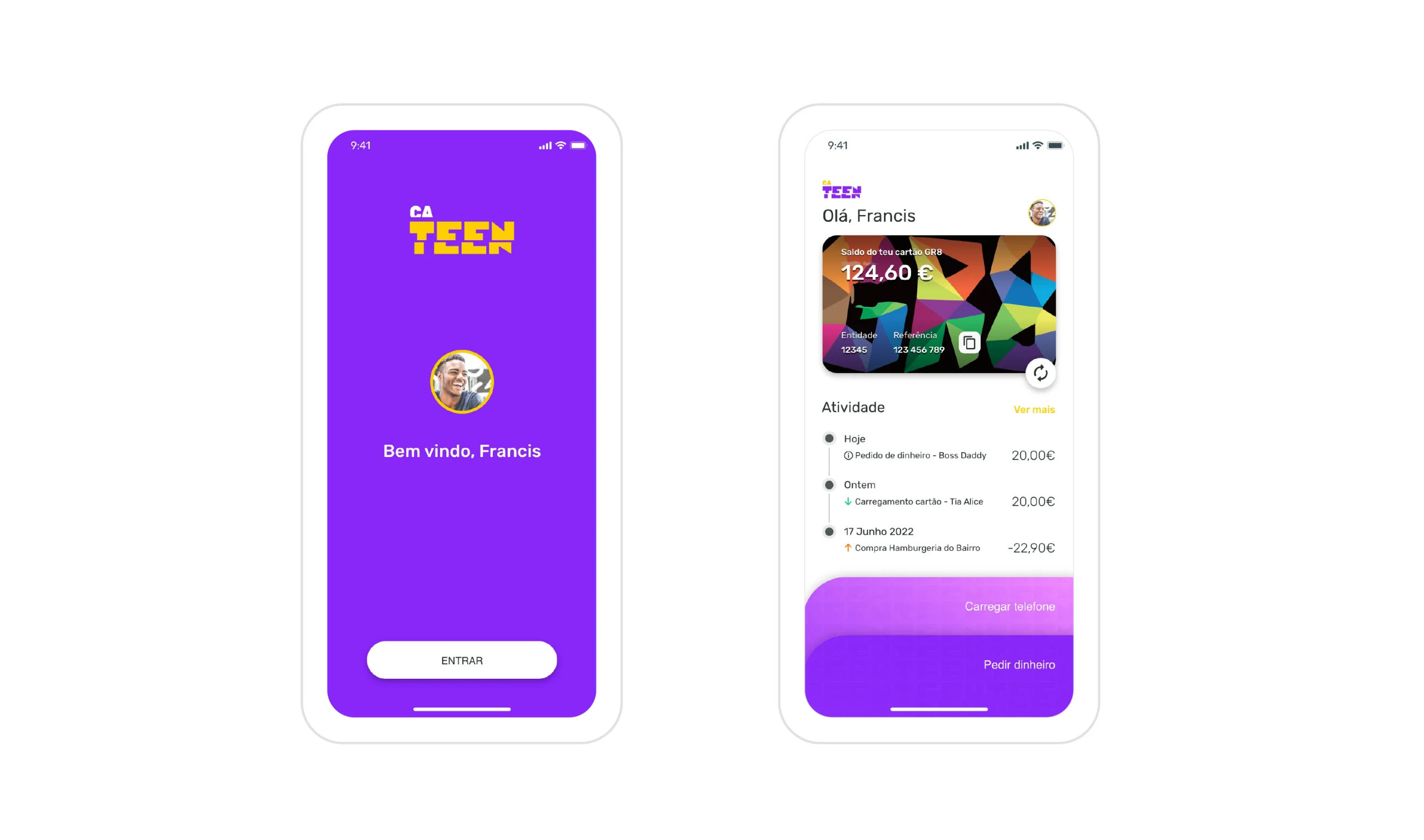 CA TEEN mobile app interface with two screens: on the left, a welcome screen with a login button; on the right, a dashboard showing available balance, a colorful virtual card, and recent activity history.