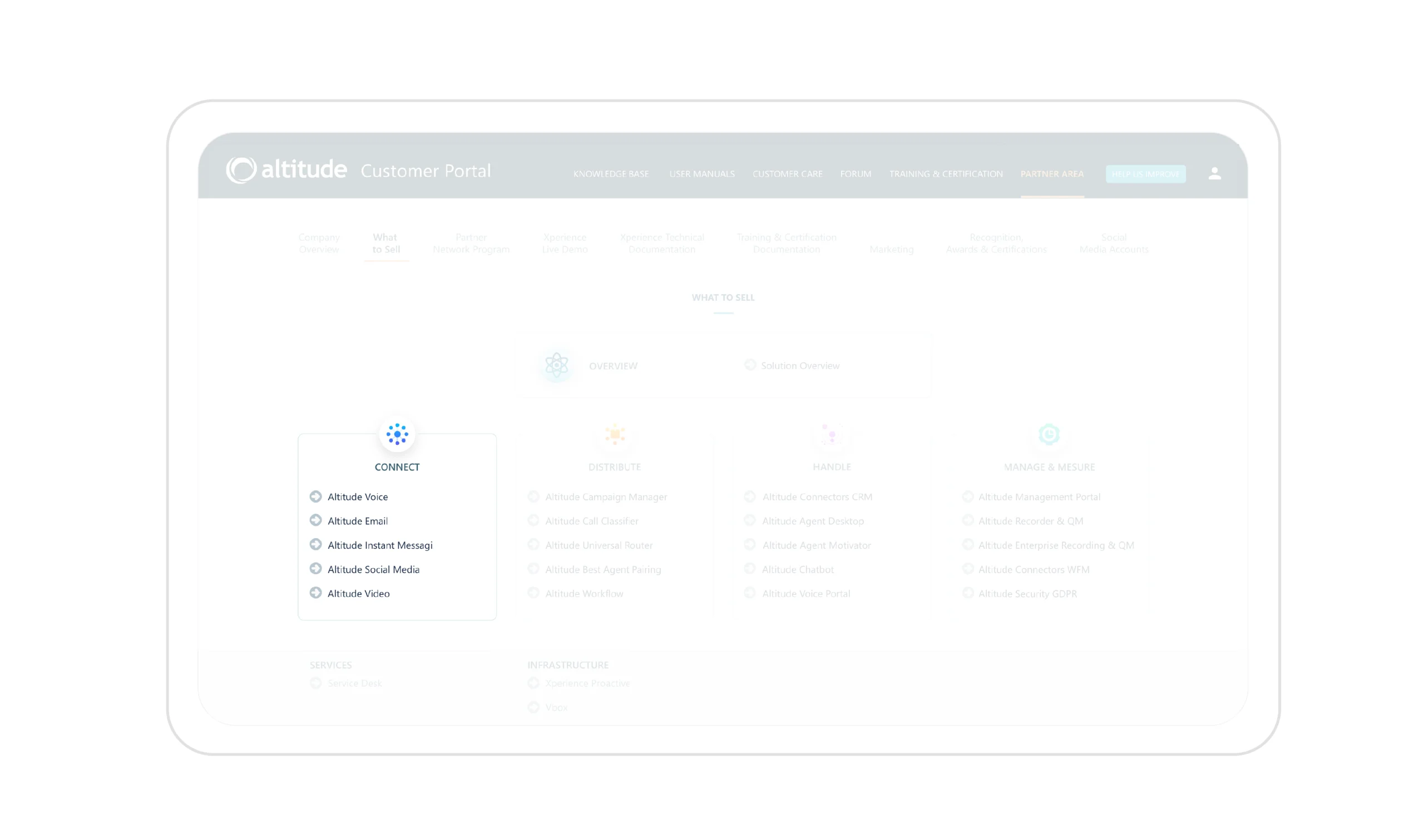 Screen of the "Altitude Customer Portal", highlighting a "Connect" section with services listed such as Altitude Voice, Email, Instant Messaging, Social Media, and Video. The background of the portal is blurred to emphasize the active area.