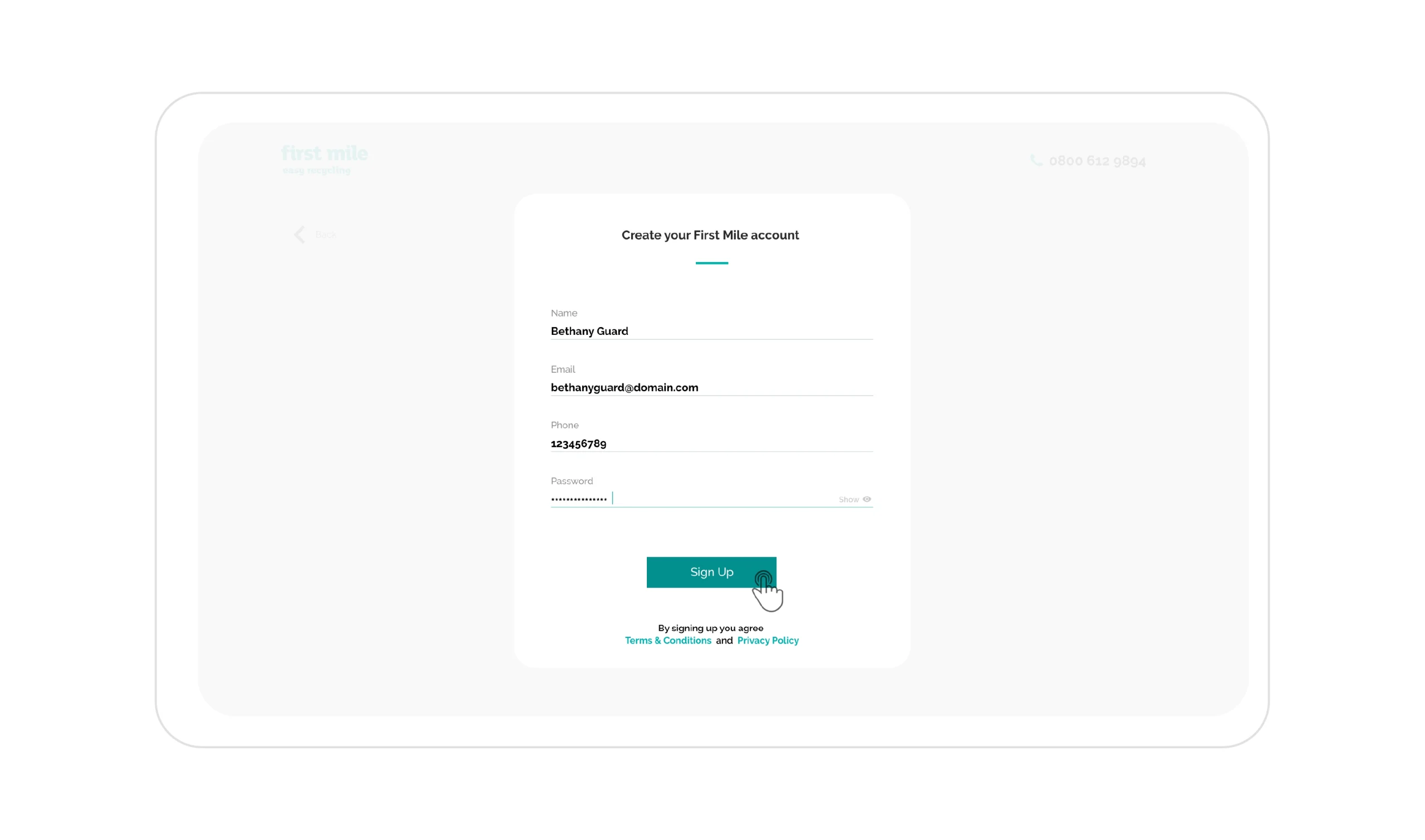 Account registration screen on the First Mile platform, showing filled fields for name, email, phone number, and password. The "Sign Up" button is highlighted with a cursor icon.