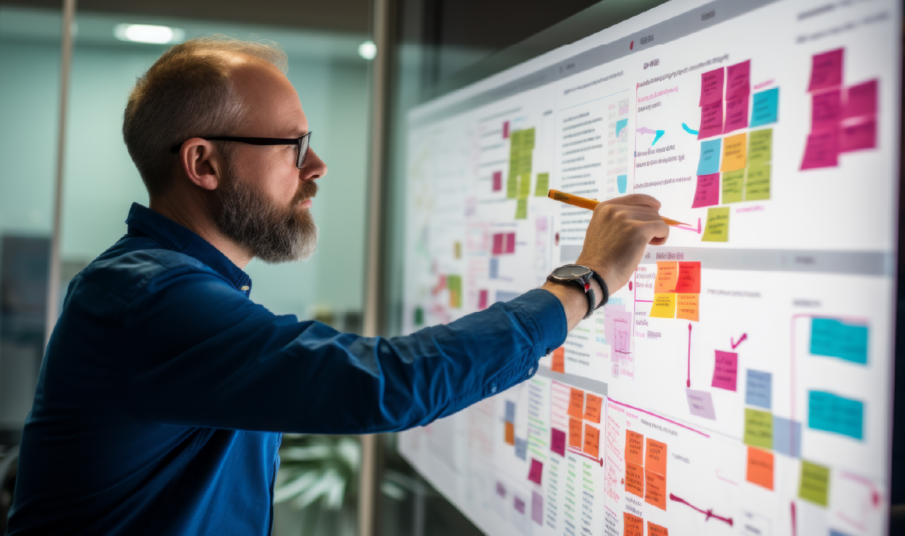 Professional working with a large interactive screen filled with colorful post-it-like notes, diagrams, and workflows, in a modern office setting. The image evokes themes of design thinking, UX research, or product planning.