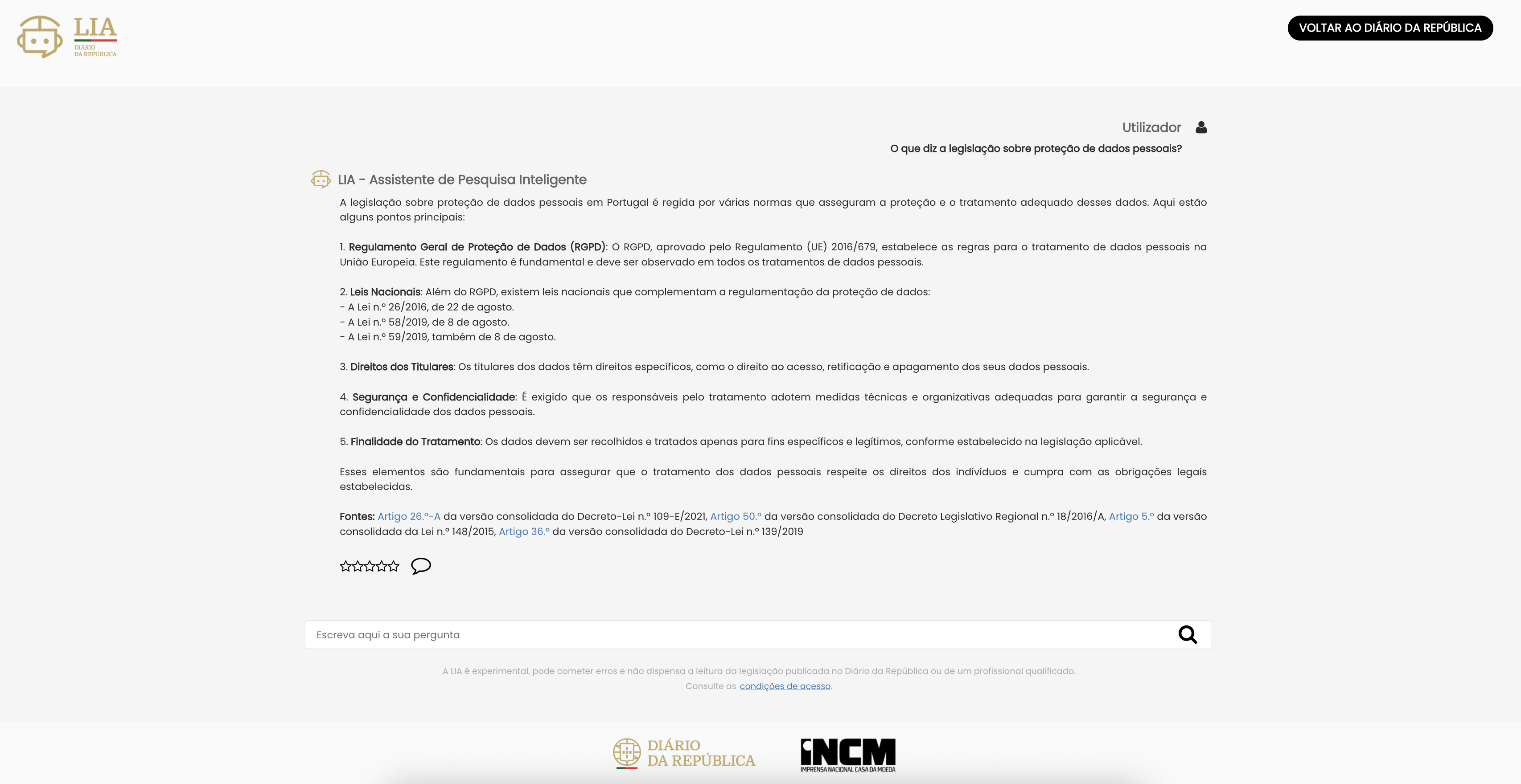 Ecrã de resposta da LIA com explicação detalhada sobre a legislação de proteção de dados em Portugal, incluindo RGPD, leis nacionais, direitos dos titulares e segurança, com links para artigos legais e campo de feedback.