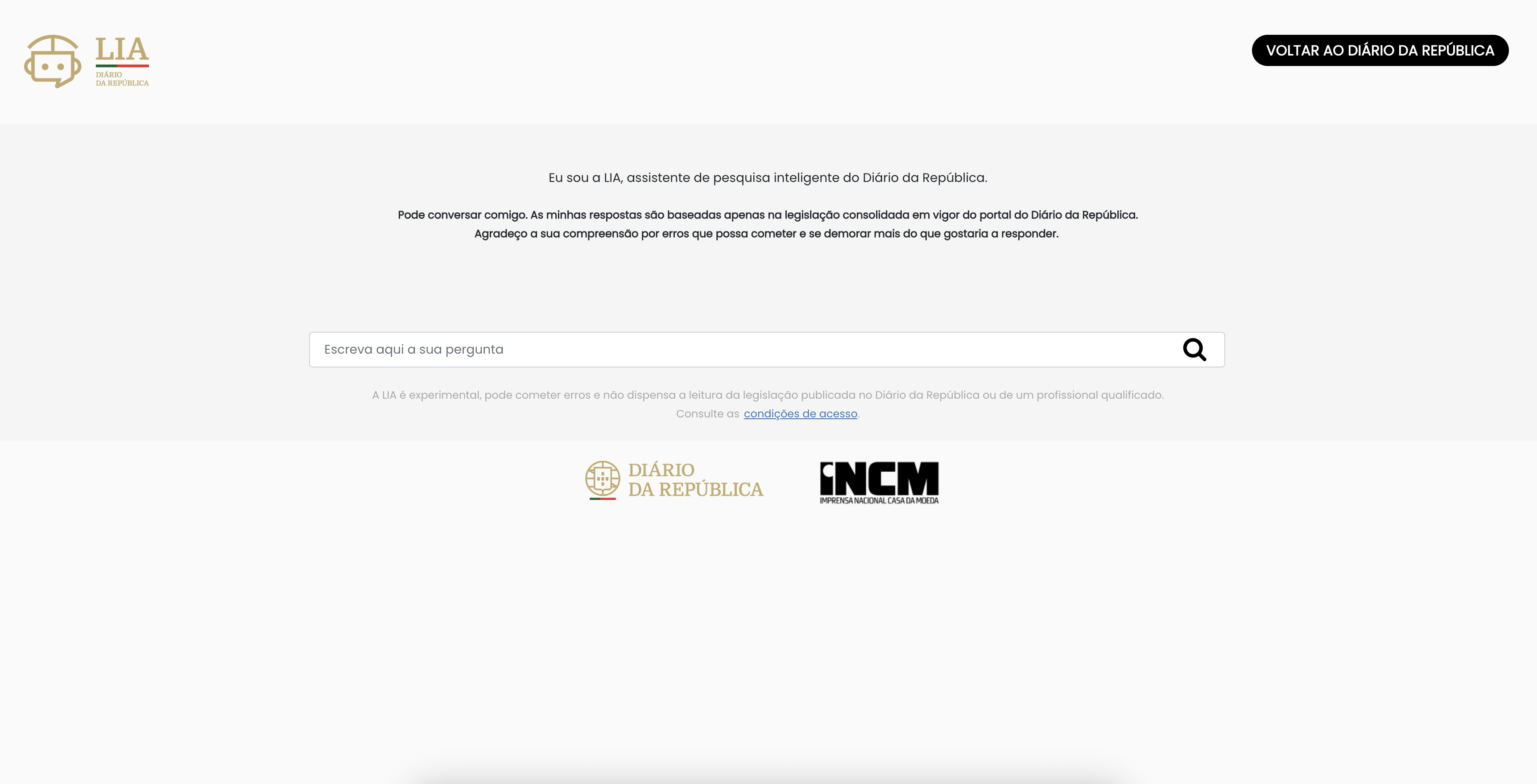 Interface do assistente de pesquisa inteligente LIA, do Diário da República, com campo de pesquisa ao centro, logótipos do Diário da República e da INCM, e aviso de caráter experimental do serviço.