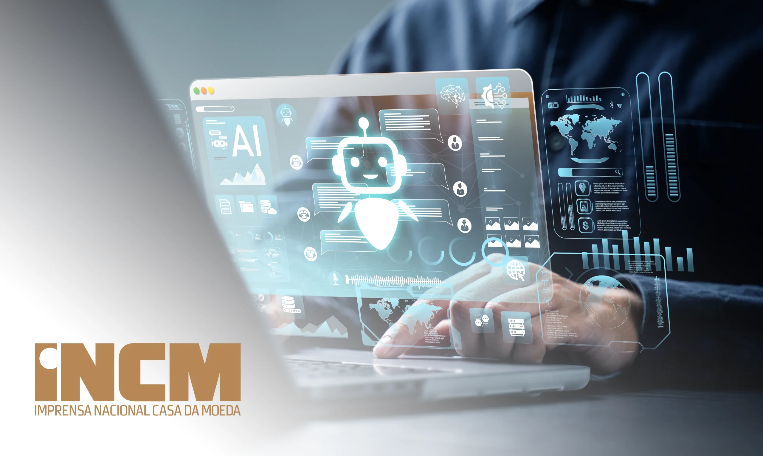 Ecrã com design futurista a mostrar um chatbot, gráficos e ícones de inteligência artificial, sobreposto à imagem de uma pessoa a usar portátil, com logotipo da INCM no canto inferior esquerdo.