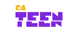 Logótipo da CA TEEN com a palavra "CA" em amarelo e “TEEN” em letras maiúsculas roxas, em tipografia bold geométrica e estilo jovem, direcionado a um público adolescente.