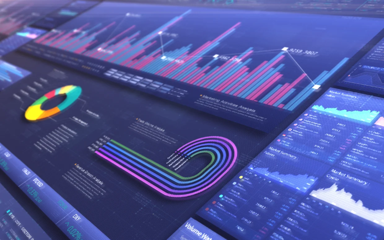 Painel digital com gráficos multicoloridos de análise de dados, incluindo gráfico de barras, gráfico circular e linhas de tendência, em ambiente tecnológico.