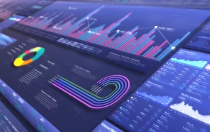 Painel digital com gráficos multicoloridos de análise de dados, incluindo gráfico de barras, gráfico circular e linhas de tendência, em ambiente tecnológico.