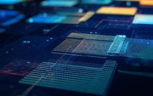 Painel tecnológico com visualizações de dados digitais, composto por elementos gráficos coloridos sobre um fundo escuro, em ambiente futurista.