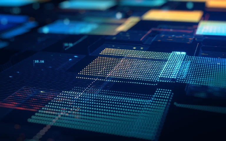 Tech dashboard with digital data visualizations, featuring colorful graphic elements on a dark background in a futuristic setting.
