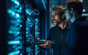 Dois especialistas em TI a verificar e interagir com servidores de rede iluminados, num ambiente de data center moderno e tecnológico