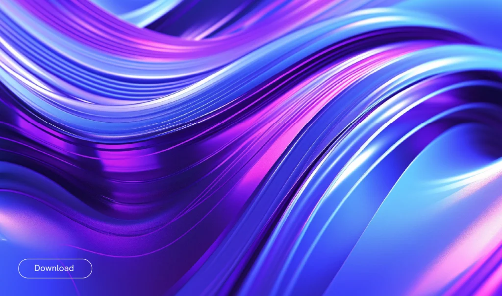 Renderização digital abstrata com ondas fluidas em tons metálicos de azul, púrpura e rosa, criando um efeito visual futurista e dinâmico. No canto inferior esquerdo, vê-se um botão branco com a palavra “Download”.