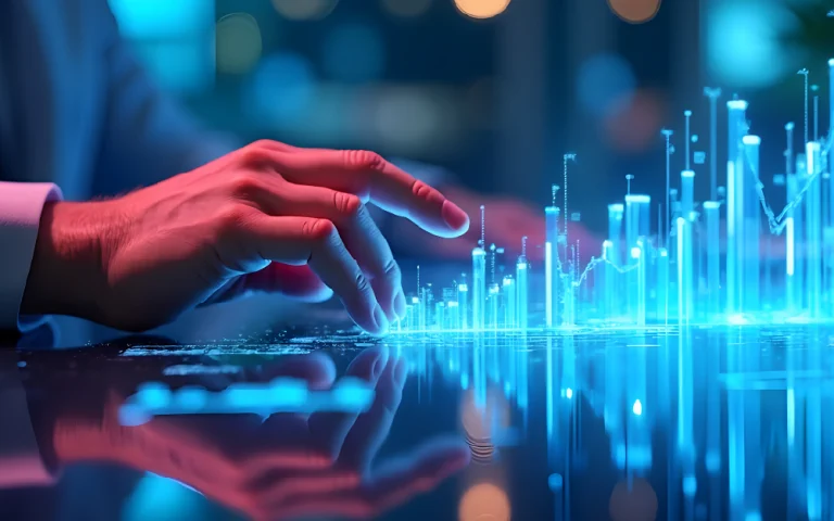 Person’s hand interacting with a glowing digital bar chart on a reflective surface.
