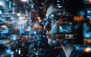 Mulher com óculos a observar atentamente um ecrã com múltiplos dados e gráficos digitais flutuantes.