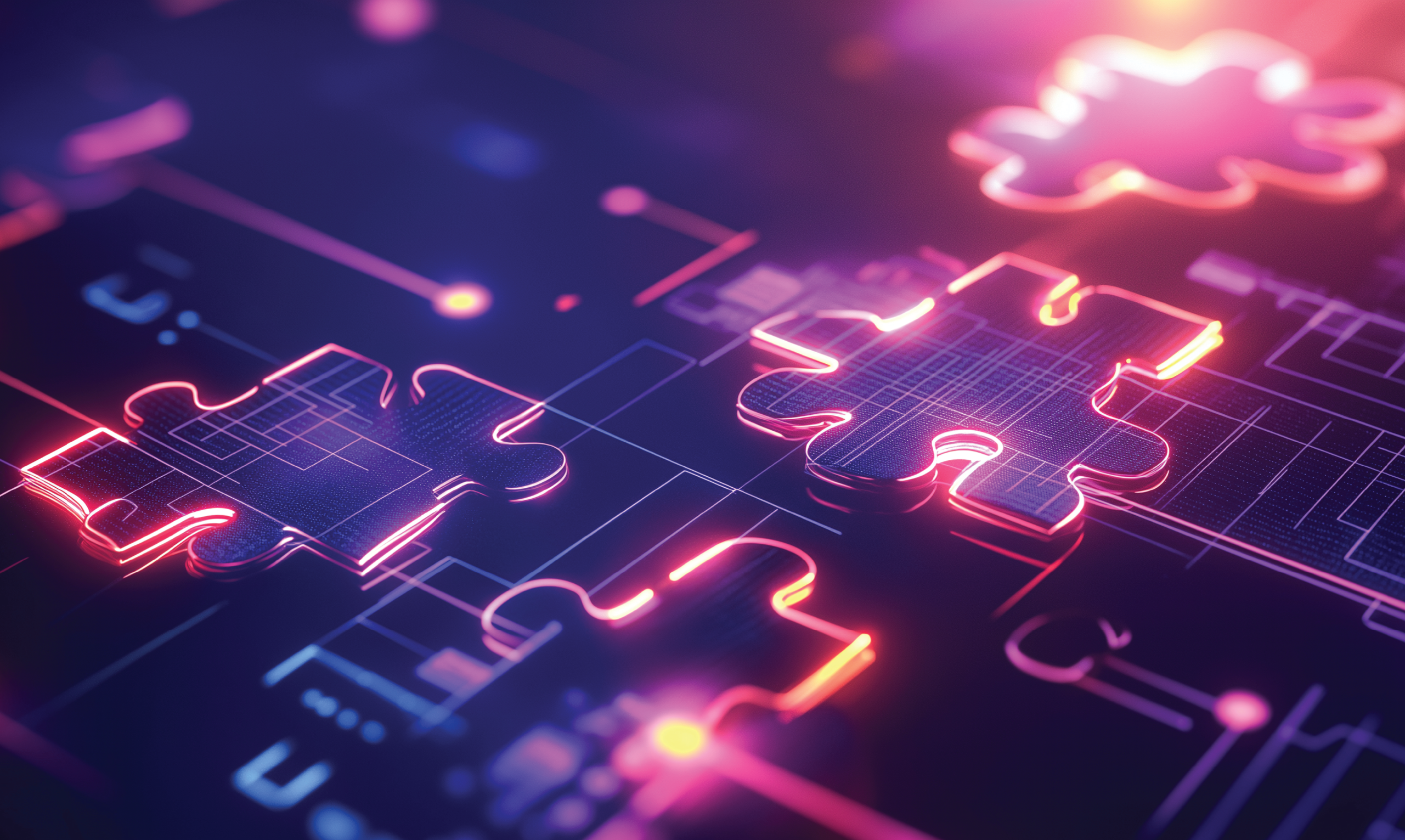 Glowing neon digital puzzle pieces on a dark background with tech circuits, symbolizing system integration, connectivity, and digital partnerships enabled by APIs.