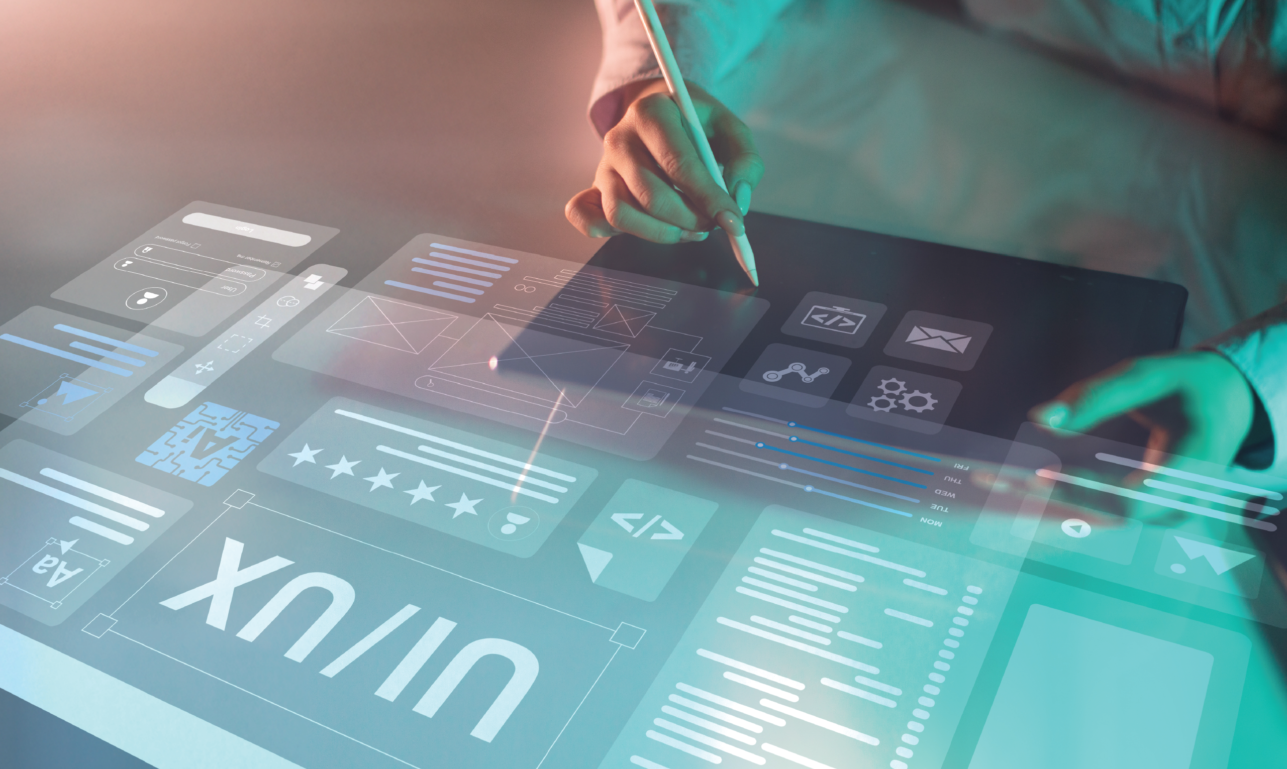 Pessoa a utilizar uma caneta digital sobre um ecrã tátil com elementos gráficos de UX/UI projetados, simulando a criação de um interface interativo.