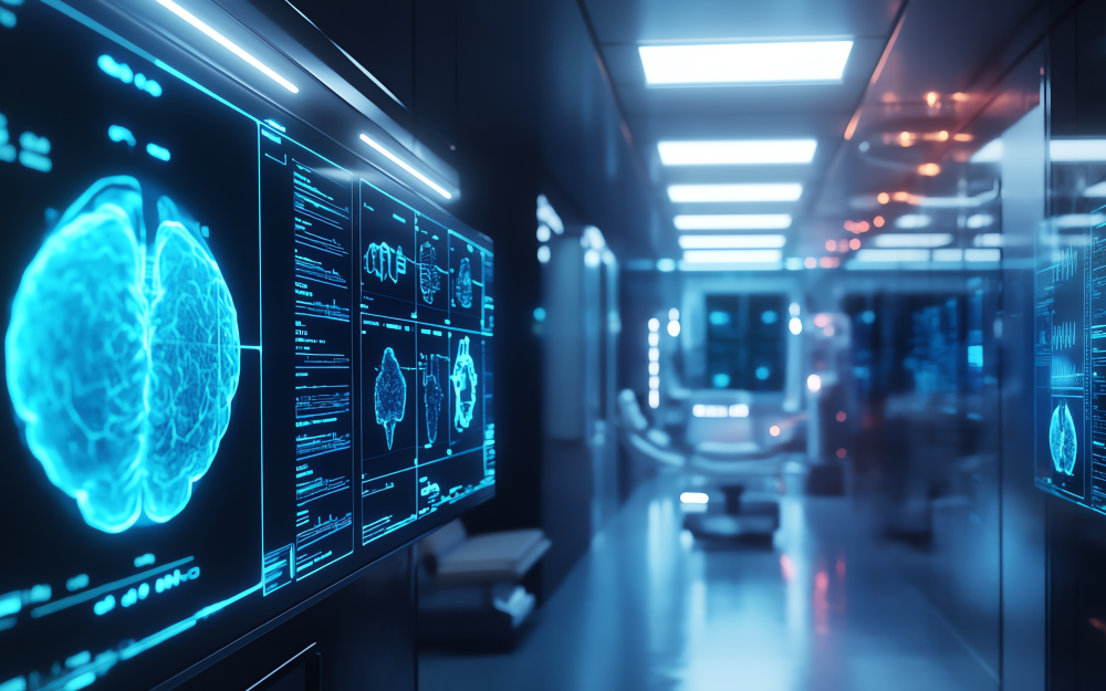 Futuristic medical facility corridor with digital screens displaying detailed 3D brain scans, illustrating the use of artificial intelligence in healthcare data analysis.