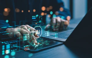 Hands interacting with a tablet, overlaid with digital interface elements featuring an AI icon, representing automation and enhanced productivity through generative AI.