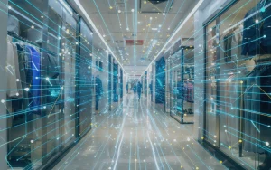 Shopping mall corridor with clothing stores on both sides, overlaid with digital graphic elements representing data and connectivity, illustrating the blend of physical and digital experiences in retail.