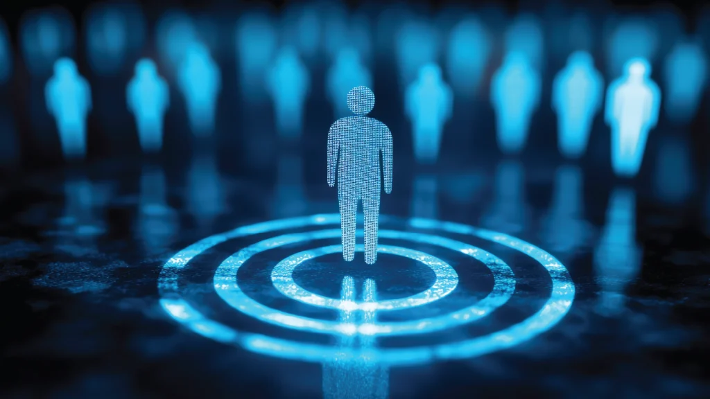 Representação digital de uma figura humana em destaque no centro de alvos circulares azuis, com outras figuras desfocadas ao fundo, simbolizando personalização e segmentação em experiências digitais.