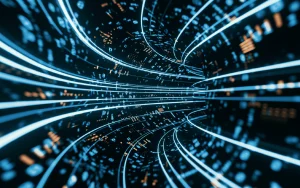 Dynamic digital tunnel with light trails and binary data streams, symbolizing the speed and volume of information in digital environments.