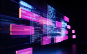 Abstract representation of moving lines of code, symbolizing continuous development and technology integration processes.