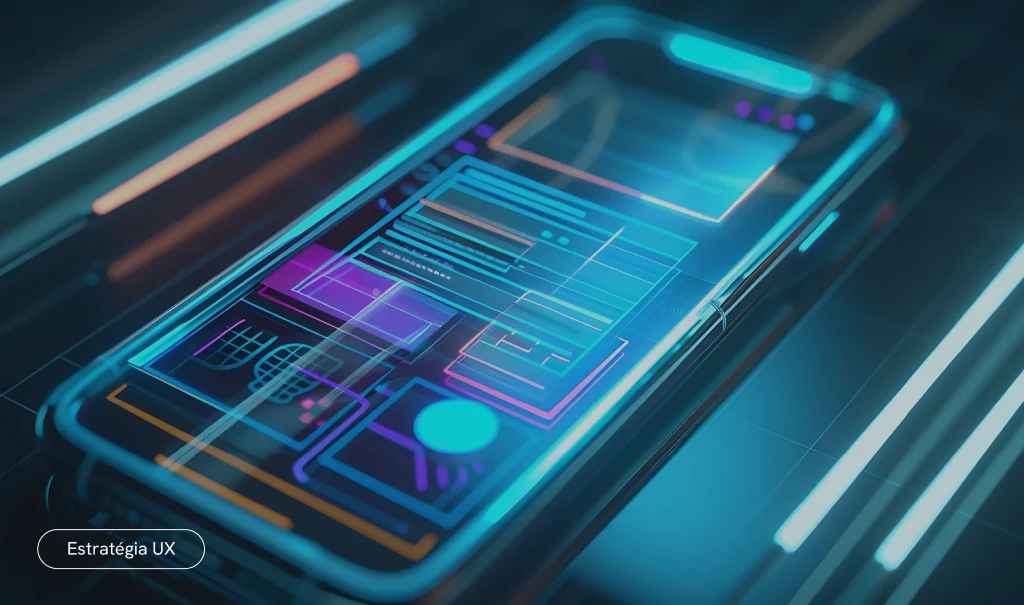 Visual futurista de um telemóvel com interfaces digitais brilhantes, simbolizando a criação de experiências digitais centradas no utilizador.