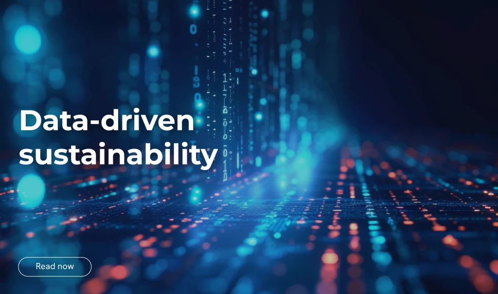 Technological visual with glowing blue and orange data lines and code, illustrating the concept of data-driven sustainability.