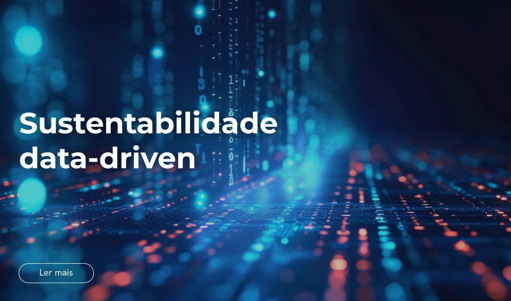 Fundo digital azul com padrões de dados e linhas luminosas a simbolizar a integração entre tecnologia e sustentabilidade orientada por dados.