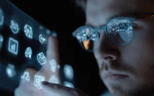 Profissional a interagir com ecrã digital transparente com ícones de tecnologia e dados refletidos nos seus óculos, simbolizando a integração entre pessoas e inovação no local de trabalho.