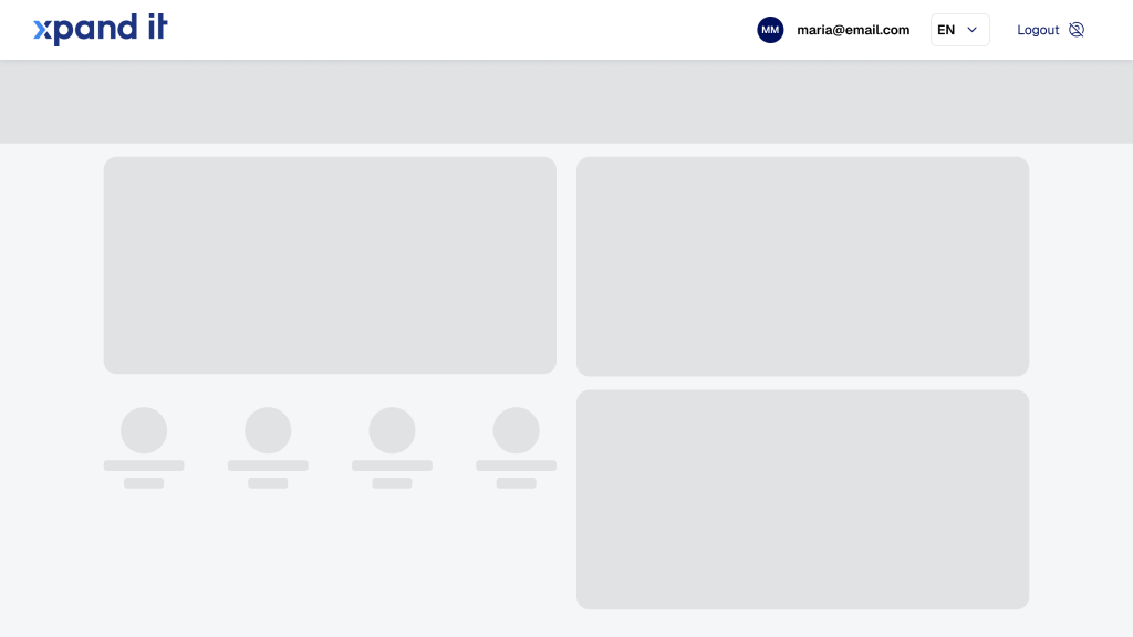 Loading screen with a skeleton interface from the Xpand IT portal, showing gray placeholders that mimic the final layout while content loads — an example of UX best practices in digital interfaces.
