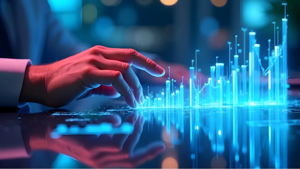 Human hand interacting with blue 3D digital charts, representing advanced data analytics and intelligent visualization technologies.