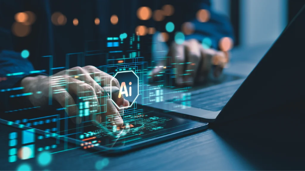 Person using a tablet overlaid with a digital interface and an “AI” icon, symbolizing artificial intelligence technologies for automation and intelligent analysis.