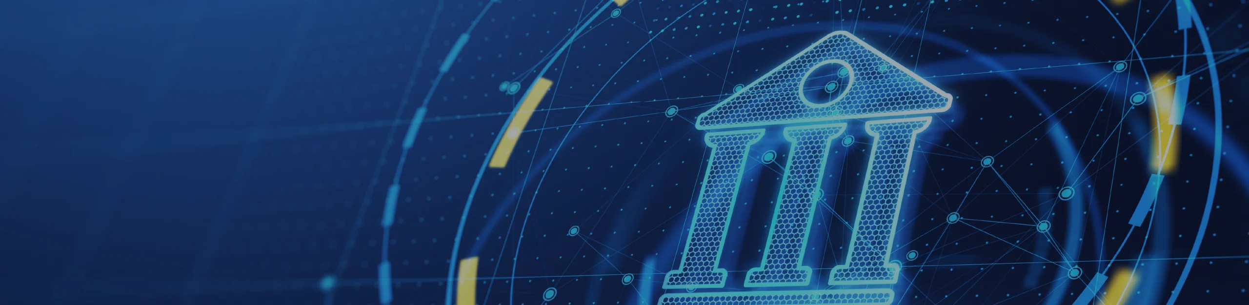 Digital illustration of a classical bank building with three columns, depicted in a technological style with network lines and nodes over a blue background, symbolizing digital banking and technological transformation in the financial sector.