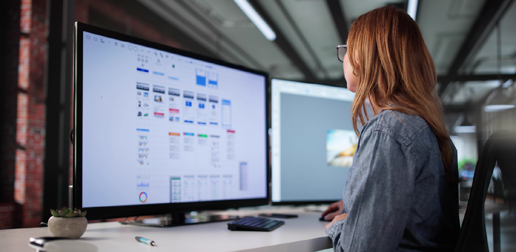 Woman working in a modern office, seated in front of two large monitors displaying dashboards and digital interfaces.