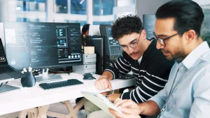 Two technology professionals collaborate in front of a screen displaying code, analyzing digital solutions and software development in a modern workspace.