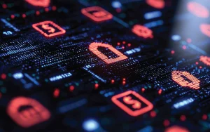 Close-up de circuito digital com ícones de cadeado iluminados, simbolizando segurança, controlo de dados e gestão eficiente de infraestruturas tecnológicas.