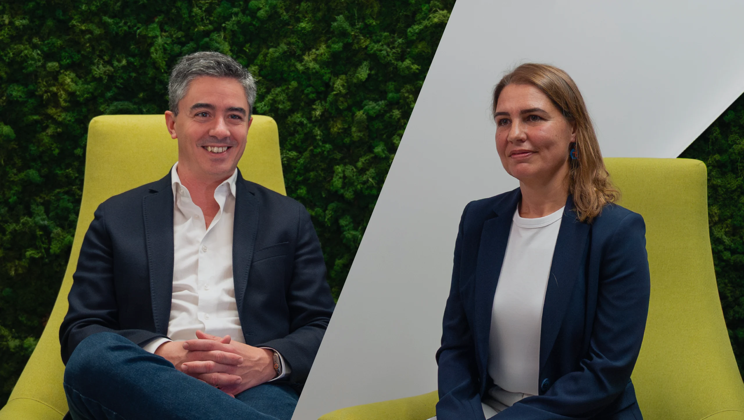 Two professionals seated in a corporate setting, shown in a split-screen format, participating in an interview or discussion.
