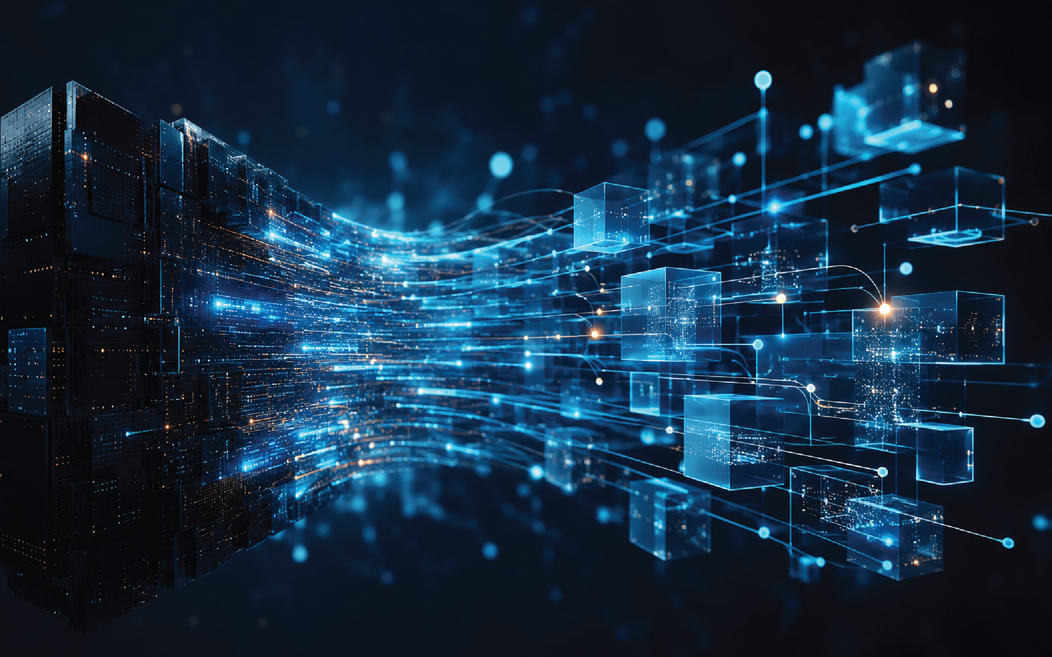 Representação visual de fluxos de dados a serem transferidos de um sistema centralizado para uma arquitetura moderna e distribuída, simbolizando estratégias de mainframe offload, integração de dados e modernização tecnológica.