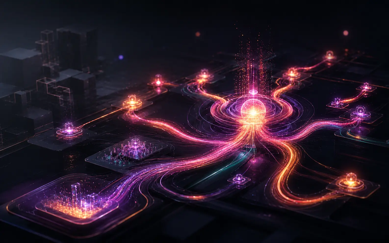 Conceptual illustration of a Data Streaming architecture, showing multiple glowing data streams converging and distributing real-time events across connected systems and applications, symbolizing continuous processing, integration, and digital connectivity.