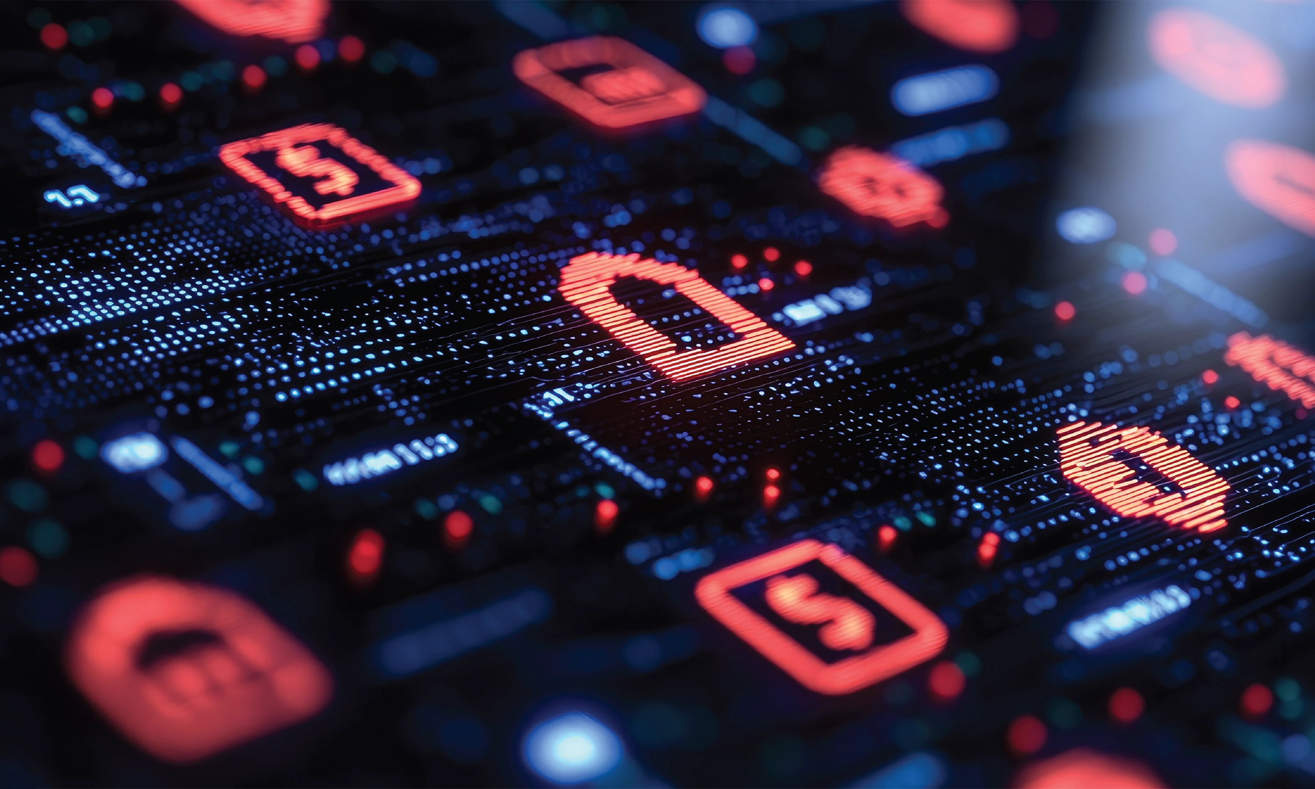 Conceptual illustration representing FinOps through digital icons of padlocks, payment cards, and currency symbols displayed across a circuit board, symbolizing financial security, cost control, technology governance, and cloud financial management optimization.
