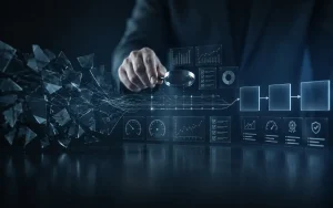 Imagem conceptual de uma mão a utilizar uma lupa para analisar um processo digital, com indicadores de desempenho, gráficos e métricas sobrepostos, representando a medição e avaliação do impacto da transformação de processos antes da implementação de melhorias.
