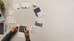 Top-down view of a desk with technical documents, architecture diagrams, code samples, and workflow cards arranged in a circular layout, representing a continuous AI-assisted software development cycle.