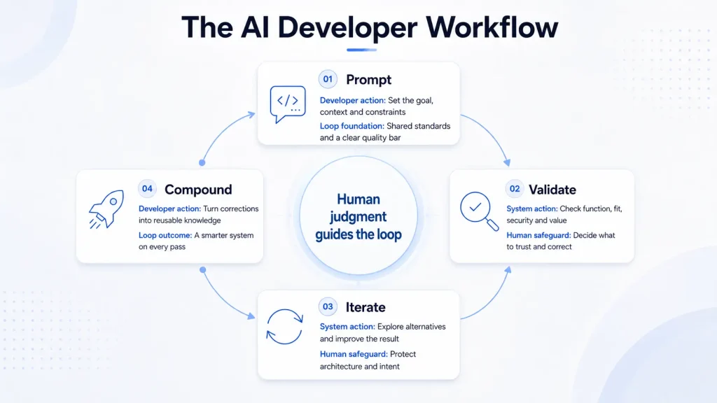 Infographic presenting the AI developer workflow through the Prompt, Validate, Iterate, and Compound stages, emphasizing that human judgment remains at the center of the process to ensure quality, security, and continuous improvement.