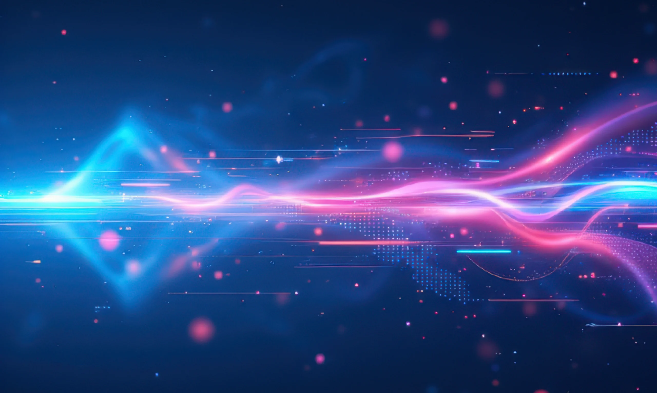 Ilustração abstrata com ondas luminosas em tons de azul, rosa e roxo que representam o fluxo contínuo de informação, conectividade e transformação digital.