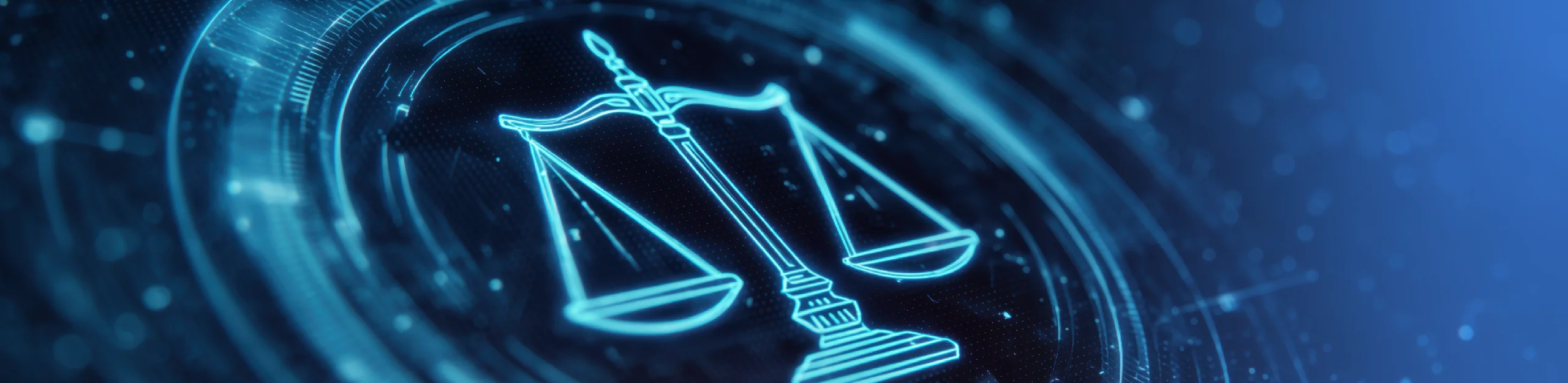 Ilustração digital de uma balança da justiça em estilo holográfico azul, rodeada por elementos gráficos tecnológicos e interfaces digitais, simbolizando a aplicação da tecnologia e da inteligência artificial ao setor jurídico, à conformidade e à tomada de decisão segura.