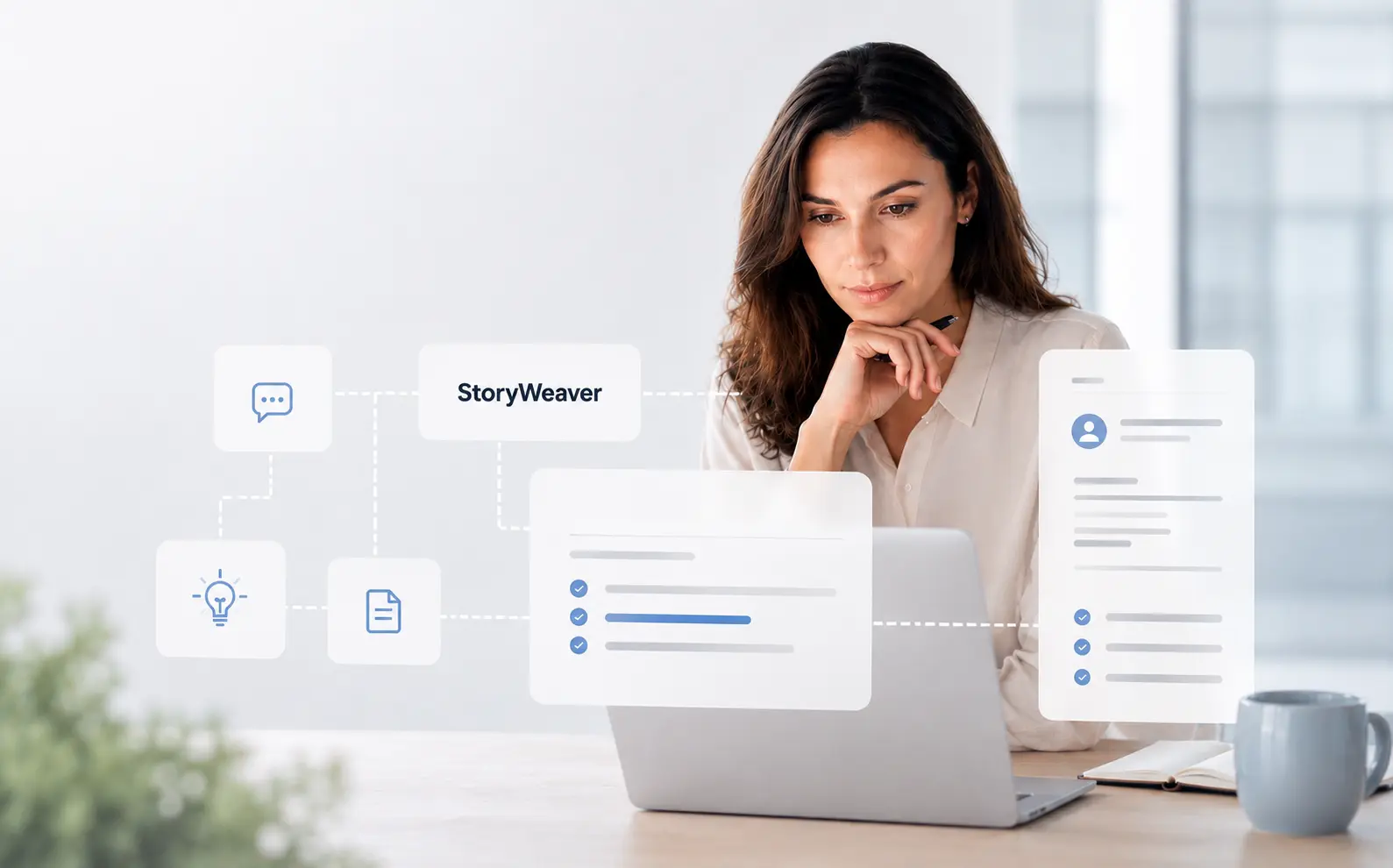Professional working on a laptop with visual elements representing StoryWeaver, requirements, ideas, and User Stories within a digital workflow.