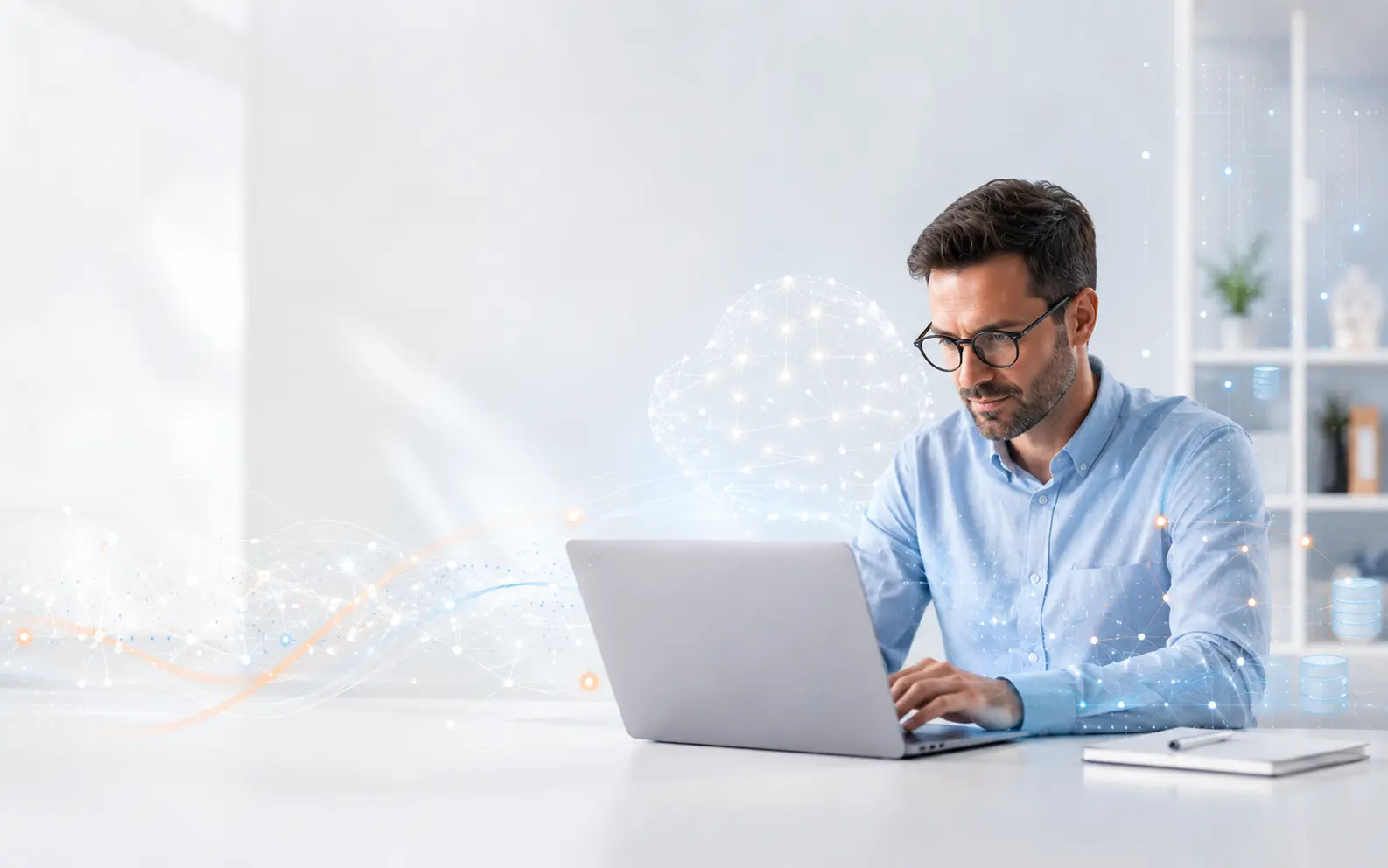 Professional working on a laptop with digital cloud, data, and network elements, representing data engineering and GenAI integration across the data lifecycle.