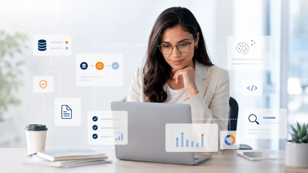 Professional working on a laptop, surrounded by digital elements representing data, artificial intelligence, code, security, and data analysis.