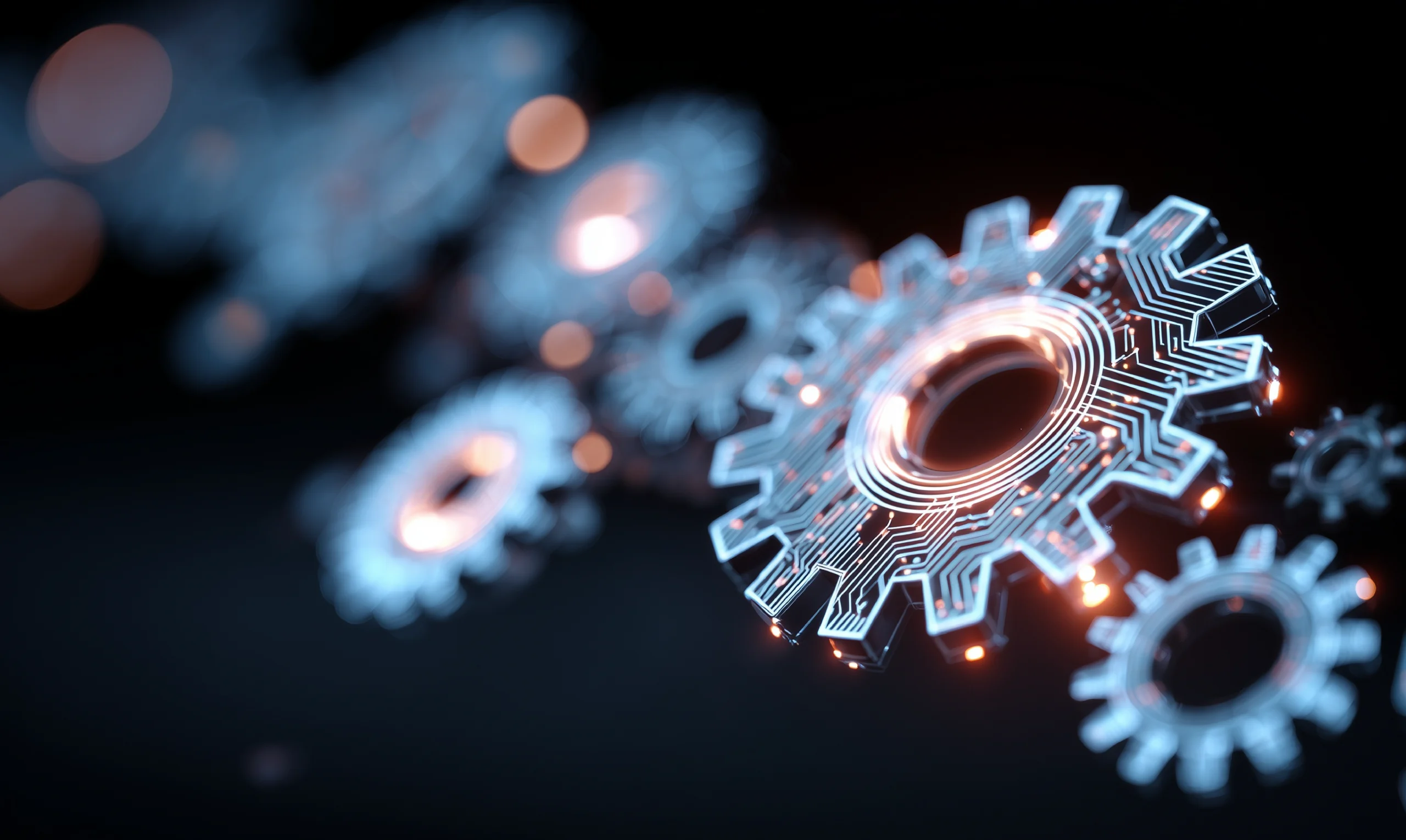 Engrenagens digitais interligadas com circuitos e pontos de luz, representando automação, integração e transformação de processos.