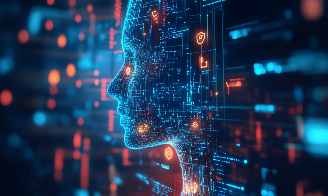 Representação digital de um rosto humano formado por dados e circuitos tecnológicos, simbolizando software e Inteligência Artificial.