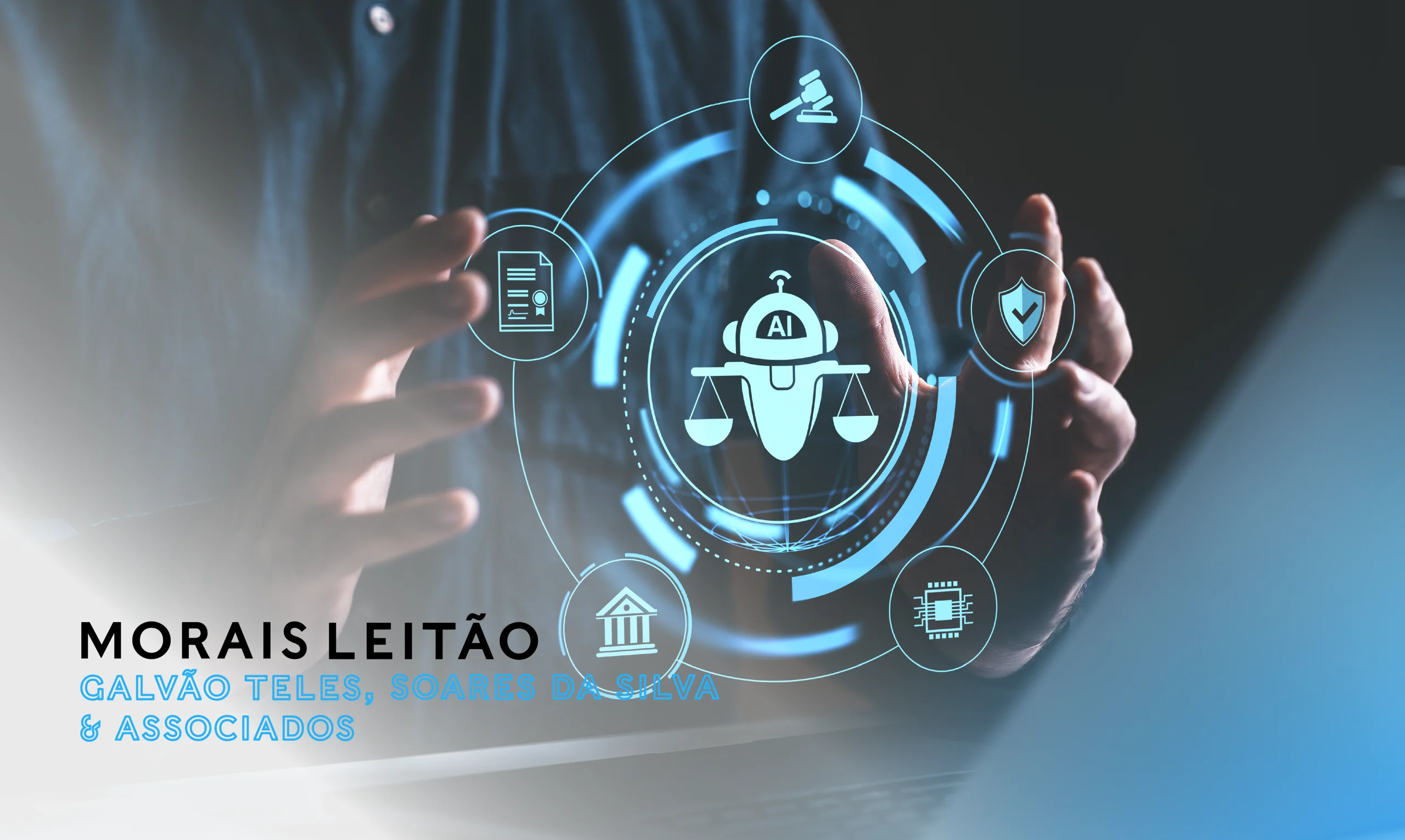A person interacts with a holographic interface representing an artificial intelligence assistant for the legal sector, surrounded by icons for legislation, security, courts, and technology. The image illustrates the use of AI to support legal research and decision-making.